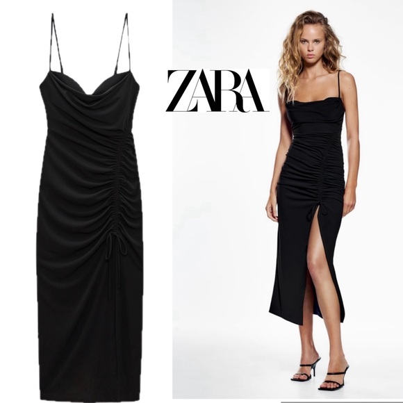 Zara black ruched sweetheart neckline bodycon midi dress high drawstring slit M - Picture 1 of 16